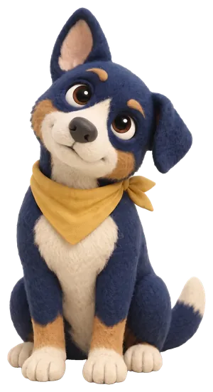 Sunny, the Reactive Dog Stays mascot, tilting its head